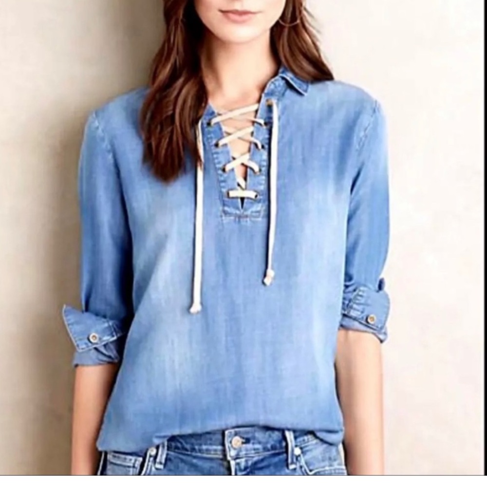 Anthropologie Light Chambray Lace-Up Tunic Top